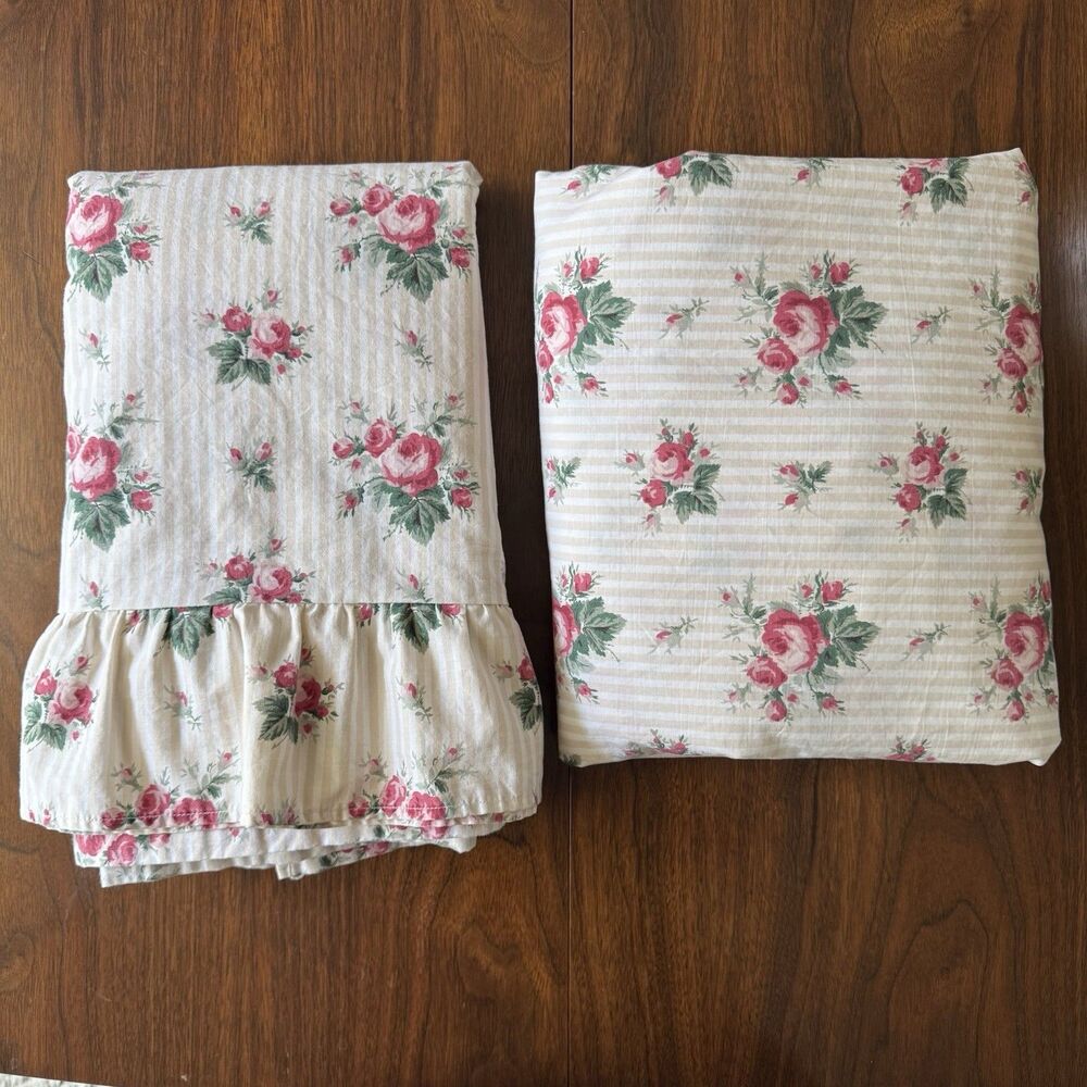 VTG Ralph Lauren Full Size Set Flat & Fitted Sheet Marseilles Stripe Rose Floral